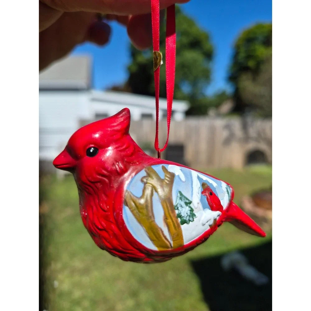 Red Cardinal Christmas Ornaments Set of 2 Winter Scene Hand Painted Bird Decor